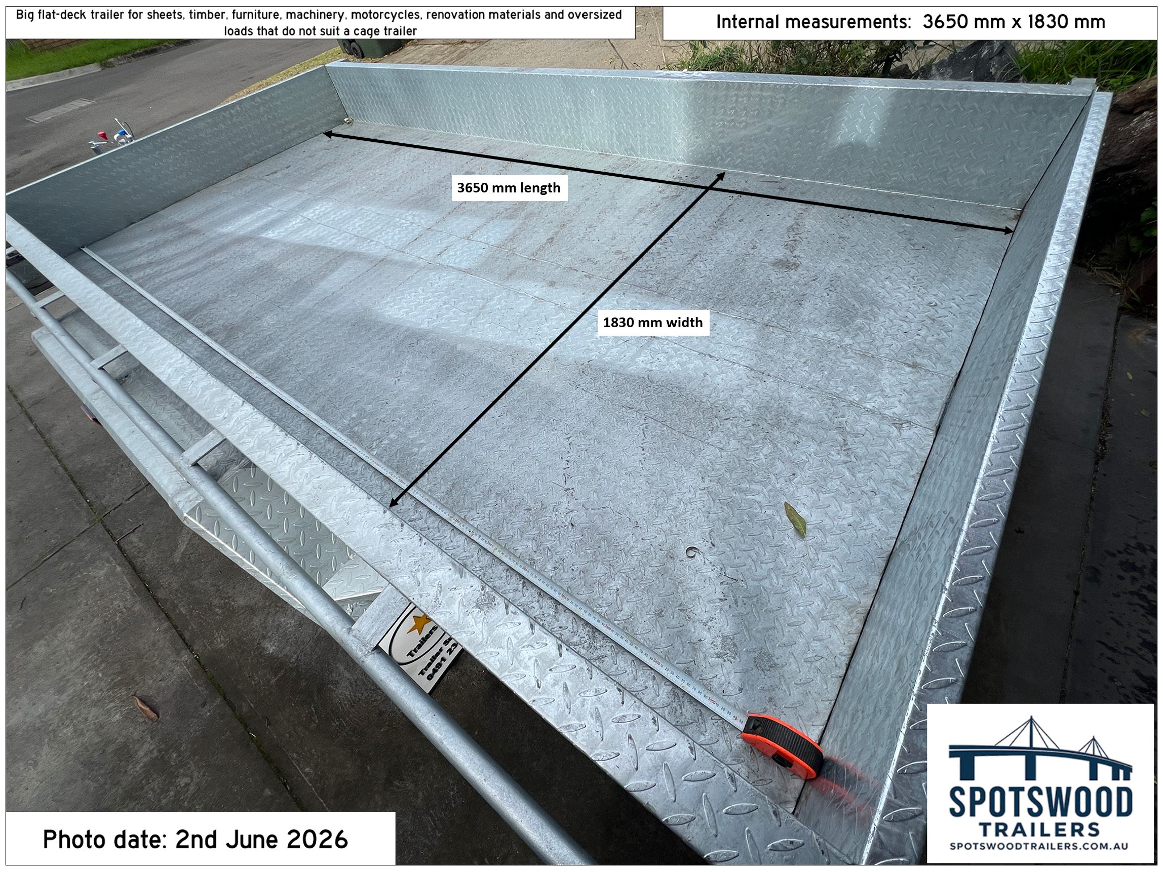 12x6 galvanised flat-top trailer internal measurements 3650 mm x 1830 mm - Spotswood Trailers - The Deckhand
