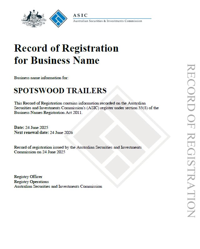 Spotswood Trailers ASIC Registration